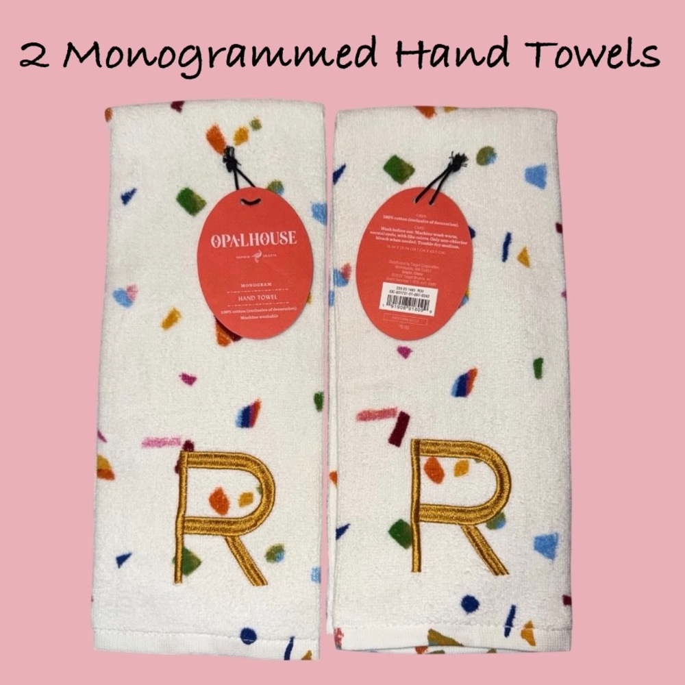 2 “R” Opalhouse Monogrammed Hand Towels White Confetti White Gold 'R' Embroidery